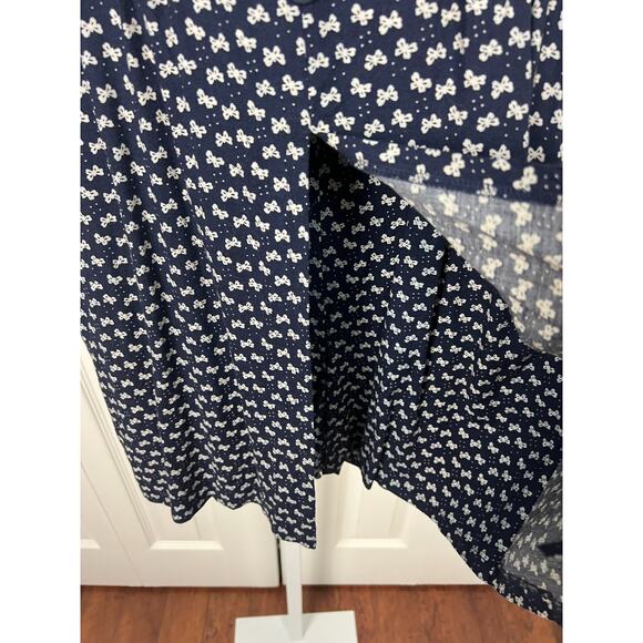 90s Alix Taylor NY Blue Rayon Bow Print Romper Dress Button Front Tie Back XS - Picture 3 of 7